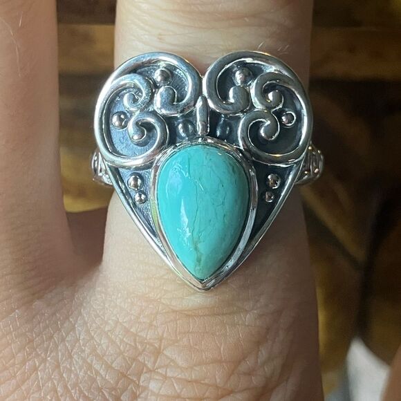 Natural Royston Turquoise Sterling Silver Heart Ring Size 8 - Picture 1 of 9